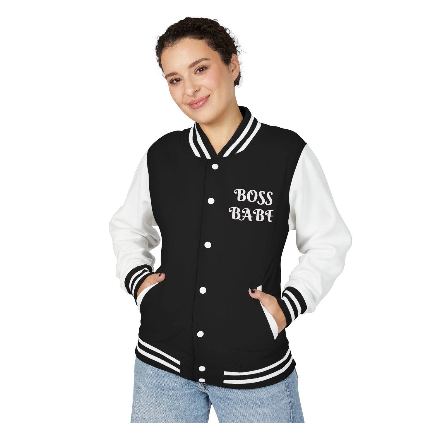 Jackets / Letterman Jacket / Clothing: Boss Babe Unisex Heavyweight Letterman Jacket - Empowerment Gift, Trendy Outerwear, Fashion Statement, Casual Layering, Stylish Gift for Her