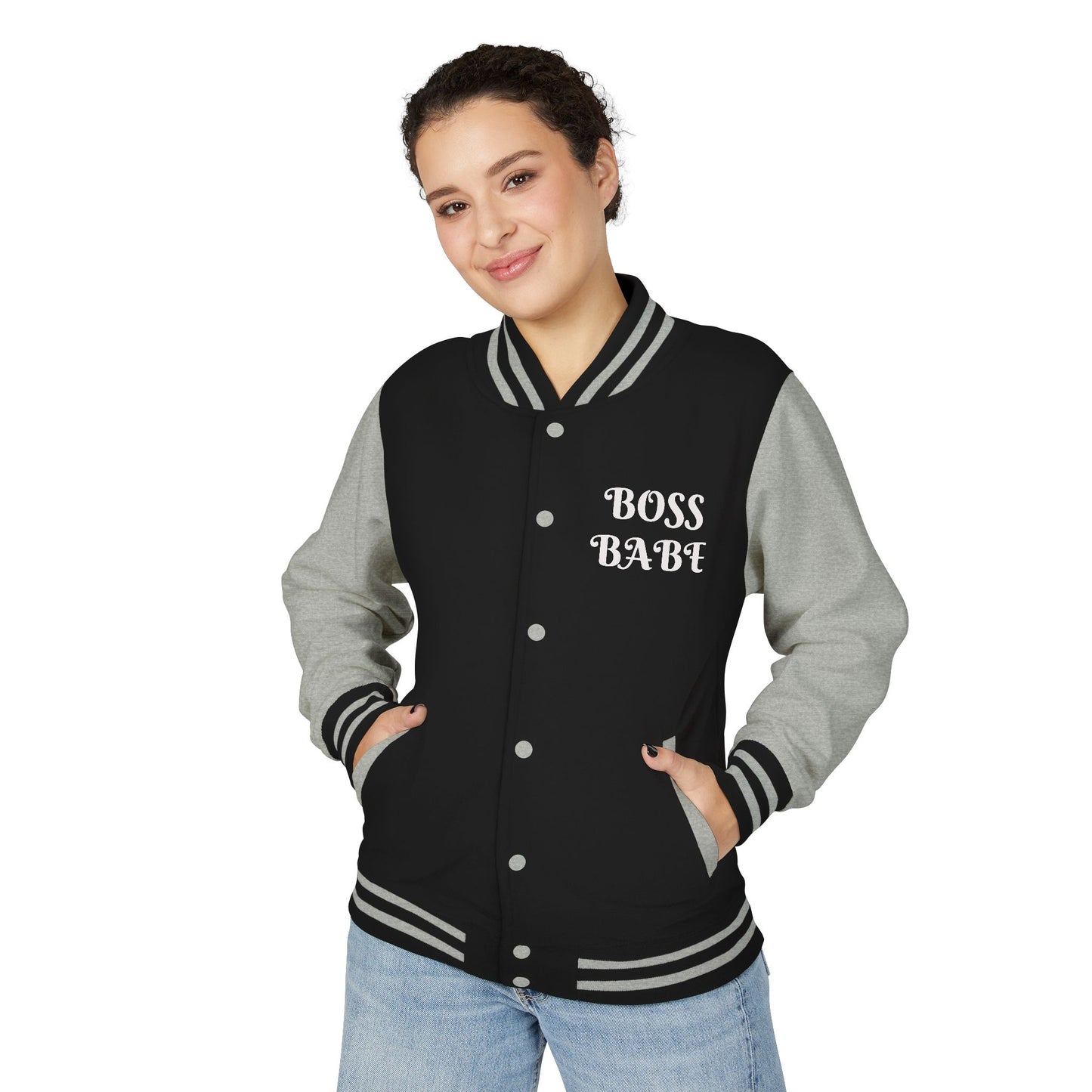 Jackets / Letterman Jacket / Clothing: Boss Babe Unisex Heavyweight Letterman Jacket - Empowerment Gift, Trendy Outerwear, Fashion Statement, Casual Layering, Stylish Gift for Her