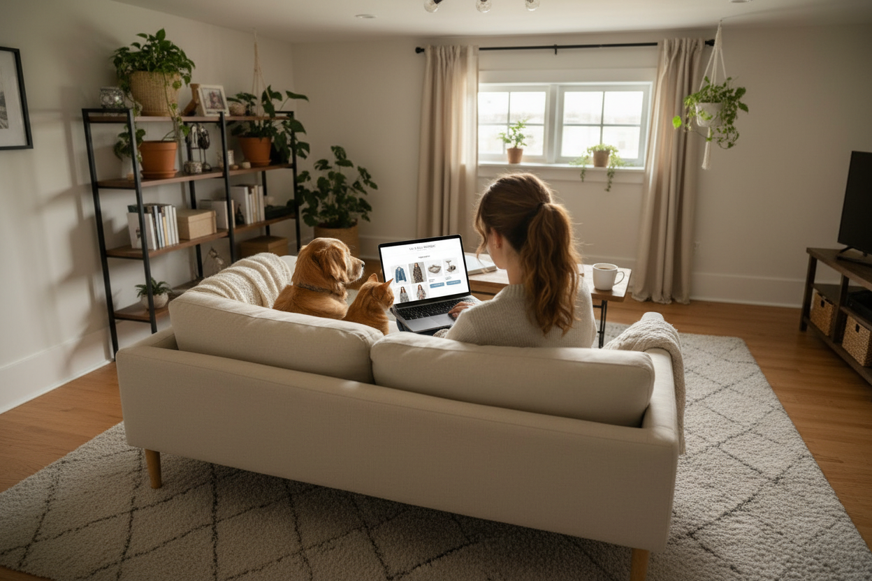 turn the picture where the girl is looking at the laptop and you mainly see the laptop with products and the view is looking over the girl and pets' shoulder and back. make this picture in a vertical size
